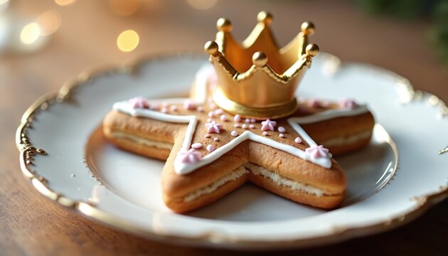 Star shaped gingerbread cookie with cream filling wears a golden crown. Decorated with white icing and pink sprinkles on a fancy white plate. Festive baked treat celebrates royalty and holidays.