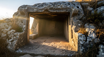 A sunlit, ancient stone structure with a rectangular opening, revealing an interior.