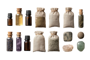 Mystic potions, herbs, & stones on black