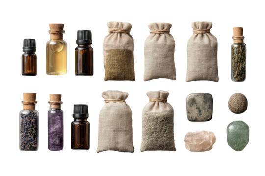 Mystic potions, herbs, & stones on black