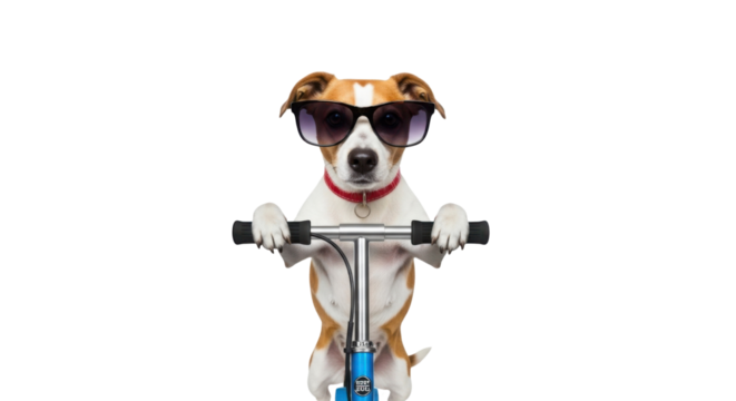 Funny Jack Russell dog riding a scooter wearing sunglasses isolated PNG with Transparent Background