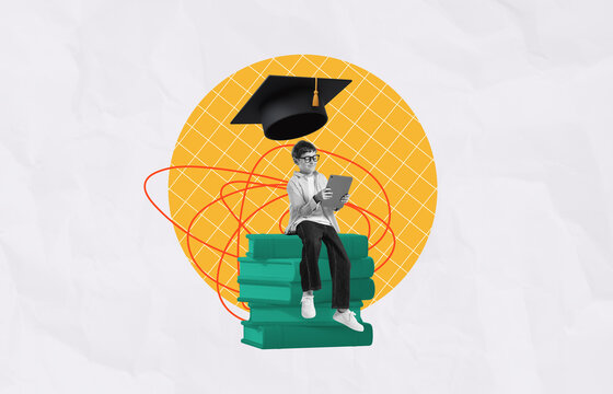 Kid sitting on stacked books using tablet with graduation cap ab - Powered by Adobe
