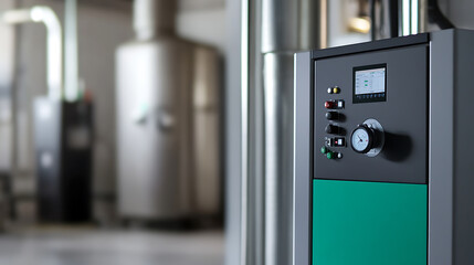 Industrial control panel with digital display, analog gauges, and button controls, equipment, clean room environment with muted colors, modern, efficient design.