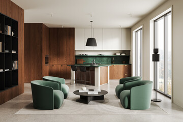 Modern open-plan kitchen and living interior with green armchairs, wood cabinetry, and minimalist furniture in soft daylight setting. 3D Rendering