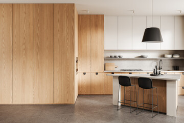 Modern minimalist kitchen interior with wooden cabinets, neutral tones, and island seating concept in clean contemporary design style. 3D Rendering