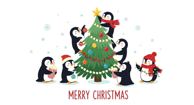 Cute penguins happily decorating a christmas tree with ornaments and popcorn while snow falls