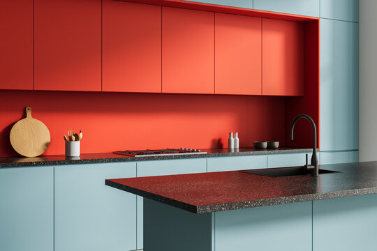 Modern kitchen interior with vibrant red backsplash and minimalist light blue cabinetry against a neutral wall, featuring sleek contemporary design elements. 3D Rendering