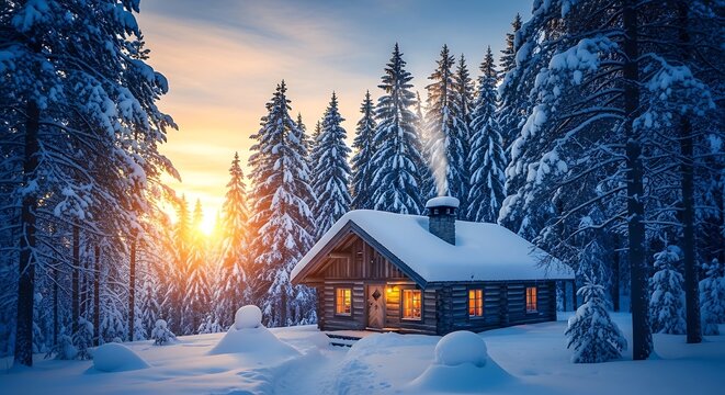 Snow covered cabin in a winter forest at sunrise or sunset - Powered by Adobe