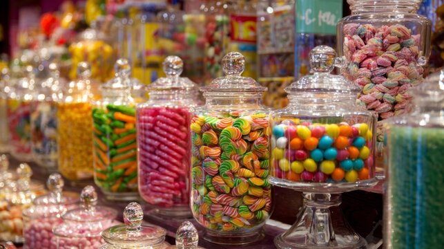 Colorful glass jars filled with assorted candies in a vibrant candy shop display showcasing a variety of sweets and treats for all ages - Powered by Adobe