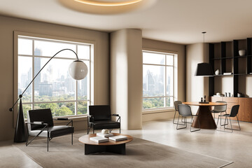 Modern minimalist apartment interior with elegant furniture and panoramic city view through large windows, showcasing urban lifestyle concept design. 3D Rendering