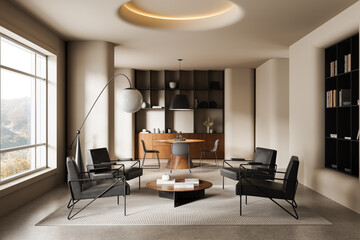 Modern minimalist interior design concept with elegant furniture and soft lighting in a cozy living and dining room space, featuring large windows. 3D Rendering