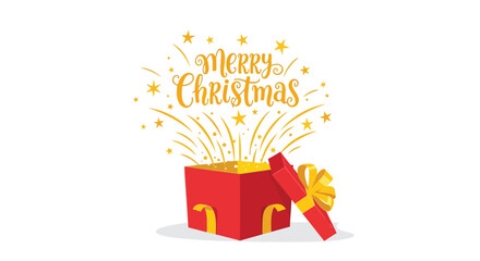 Open red gift box with yellow ribbon releasing golden fireworks and stars with merry christmas text