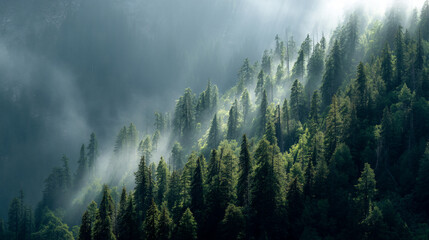 A view of a forest with tall green trees and a thick fog rolling through it