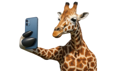 Giraffe taking a selfie with a phone isolated PNG with Transparent Background
