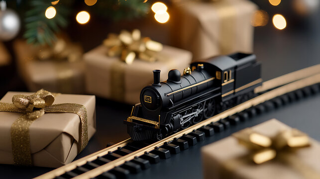 A toy steam train sits on a track amidst wrapped gifts under a Christmas tree, sparking festive joy and nostalgic charm. Holiday cheer captured in a single frame.