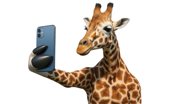 Giraffe taking a selfie with a phone isolated PNG with Transparent Background