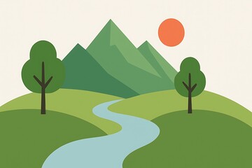 Minimal trees, mountains, and rivers in flat style.
