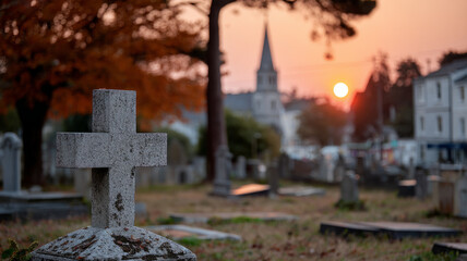 Cemetery at sunset with gravestones and a church in the background.