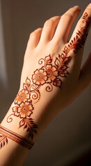 Close-up of a hand adorned with intricate henna designs featuring floral motifs and delicate swirls, showcasing traditional body art.