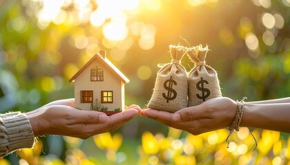 Conceptual image of property investment with house model and money bags in hands
