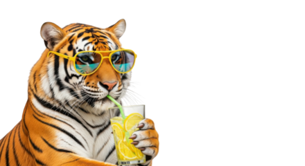Cool tiger drinking lemonade isolated PNG with Transparent Background