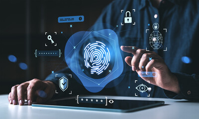 Fingerprint biometric authentication concept with digital icons for identity verification and data security on futuristic interface screen display.