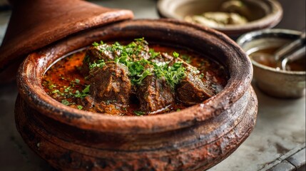 Fototapeta premium Authentic slow-cooked beef stew in a traditional clay pot garnished with fresh herbs, served alongside sauces and condiments for a vibrant culinary experience