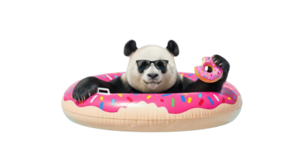 Funny panda wearing sunglasses in a donut pool float eating a donut isolated PNG with Transparent Background