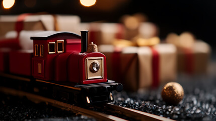 Festive toy train, red and gold, hauling holiday cheer! A classic symbol of Christmas joy and timeless tradition, making spirits bright. Gifts in tow.