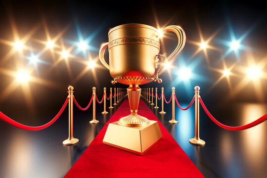 Giant golden trophy on glamorous red carpet with spotlight background, showcasing victory and celebration concept in elegant 3D rendering style. 3D Rendering