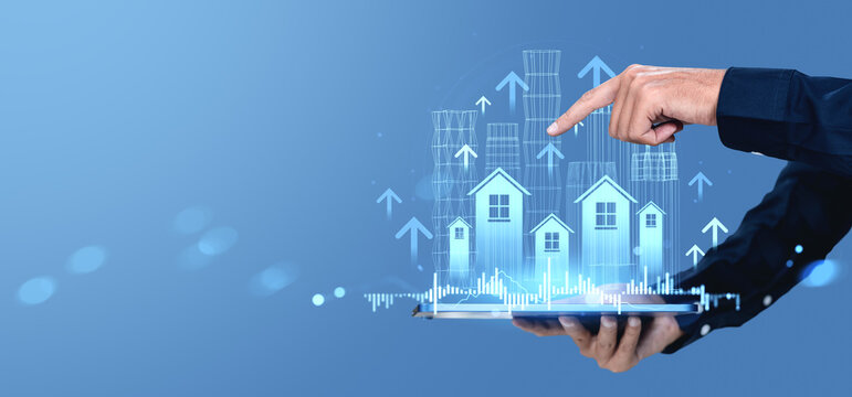 Real estate market growth concept with digital property icons and home search data visualized on a tablet in businessman hands on blue background. - Powered by Adobe