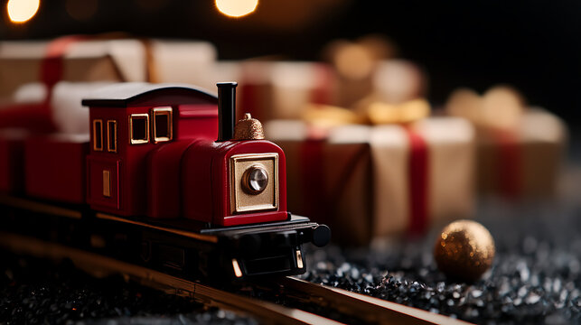 Festive toy train, red and gold, hauling holiday cheer! A classic symbol of Christmas joy and timeless tradition, making spirits bright. Gifts in tow. - Powered by Adobe