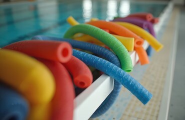 Colorful swimming noodles at poolside ready for swim class. Water aerobics equipment close up for aqua fitness exercises. Swimming pool background with float tubes for swim lessons. Aqua sport tools.