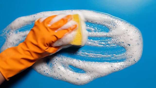 Woman in orange glove scrubbing blue surface with soapy foam sponge. Home cleaning and hygiene routine for domestic chores.