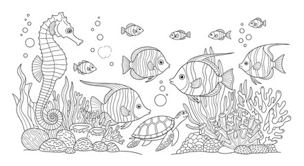 A detailed line art coloring page illustrating a vibrant underwater ocean scene filled with various marine animals and coral reefs.
