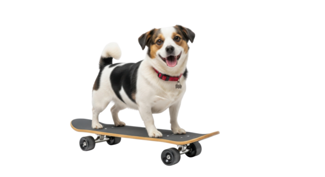 Happy Jack Russell Terrier dog riding skateboard isolated PNG with Transparent Background
