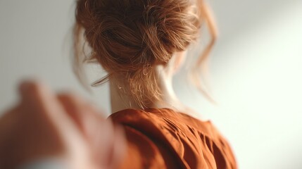 A close-up of a woman with wavy red hair, wearing an orange dress, exuding a serene and contemplative mood.