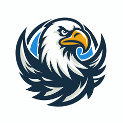 Eagle cartoon logo design on white background, cute mascot emblem, vector illustration of flying bird, modern animal symbol for branding and sports team identity