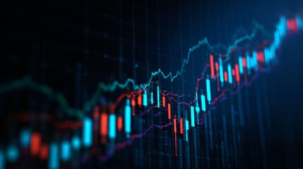 Financial Chart Visualization: A dynamic and colorful visualization of financial market data, depicting fluctuating trends. With lines charting the movement of the market.