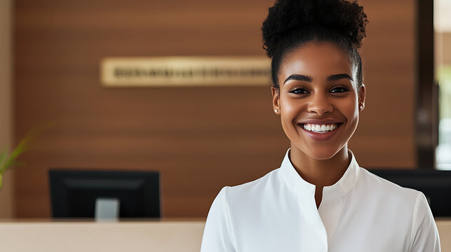 Smiling receptionist at her desk, ready to greet and assist visitors.  She exudes professionalism and warmth, creating a positive first impression in any office setting.