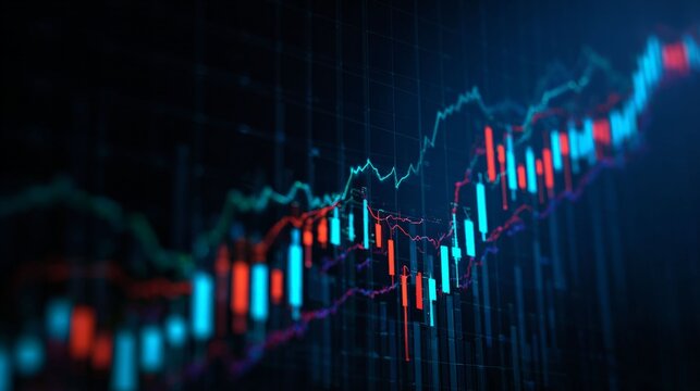 Financial Chart Visualization: A dynamic and colorful visualization of financial market data, depicting fluctuating trends. With lines charting the movement of the market. - Powered by Adobe
