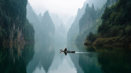 A person rows a boat through a misty river surrounded by tall mountains