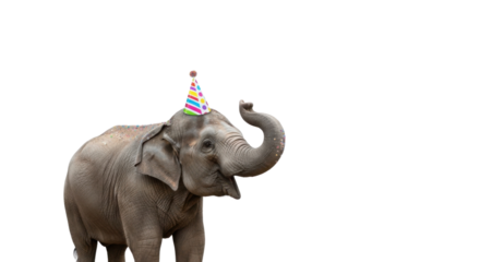 Elephant wearing a colorful birthday party hat isolated PNG with Transparent Background