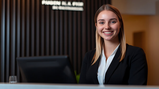 A smiling receptionist stands behind a desk. She wears a black suit jacket over a white blouse. Modern office setting with dark wood paneling provides a professional backdrop.