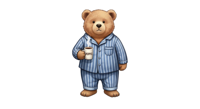 Teddy bear wearing pajamas and holding a cup isolated PNG with Transparent Background