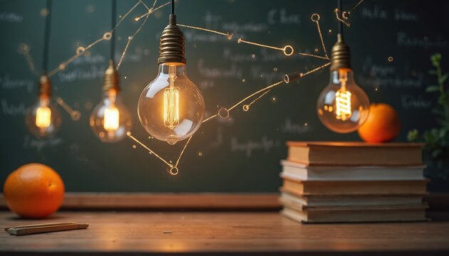 Incandescent light bulbs hang above a desk with books and oranges. A blackboard with writing serves as a background. This scene signifies education and innovative thinking, symbolizing new ideas.