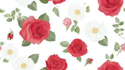 Seamless pattern featuring beautiful roses and daisies, creating vibrant floral design that evokes joy and elegance
