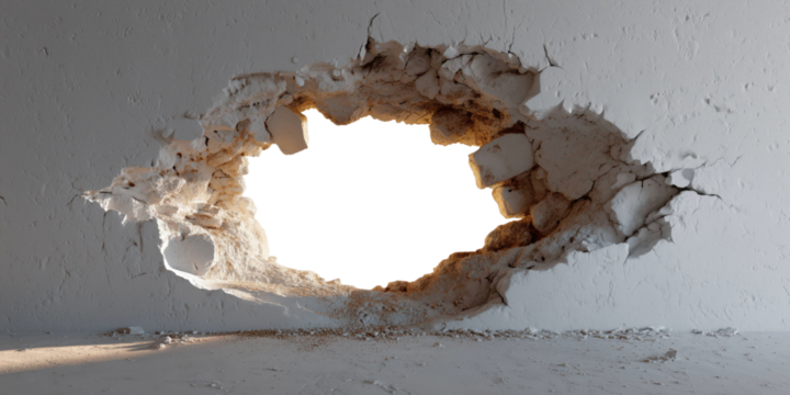 Breach of Perspective: A close-up shot captures the raw aftermath of an impact, showcasing a large hole ripped through a solid surface, revealing a glimpse of the illuminated beyond.