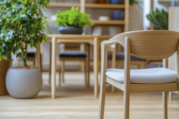 Fototapeta premium Scandinavian living room featuring wooden chair with soft cushion, surrounded by greenery and cozy atmosphere