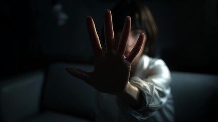 A young woman with a bob haircut extends her hand forward, suggesting a plea or warning against a dark backdrop.